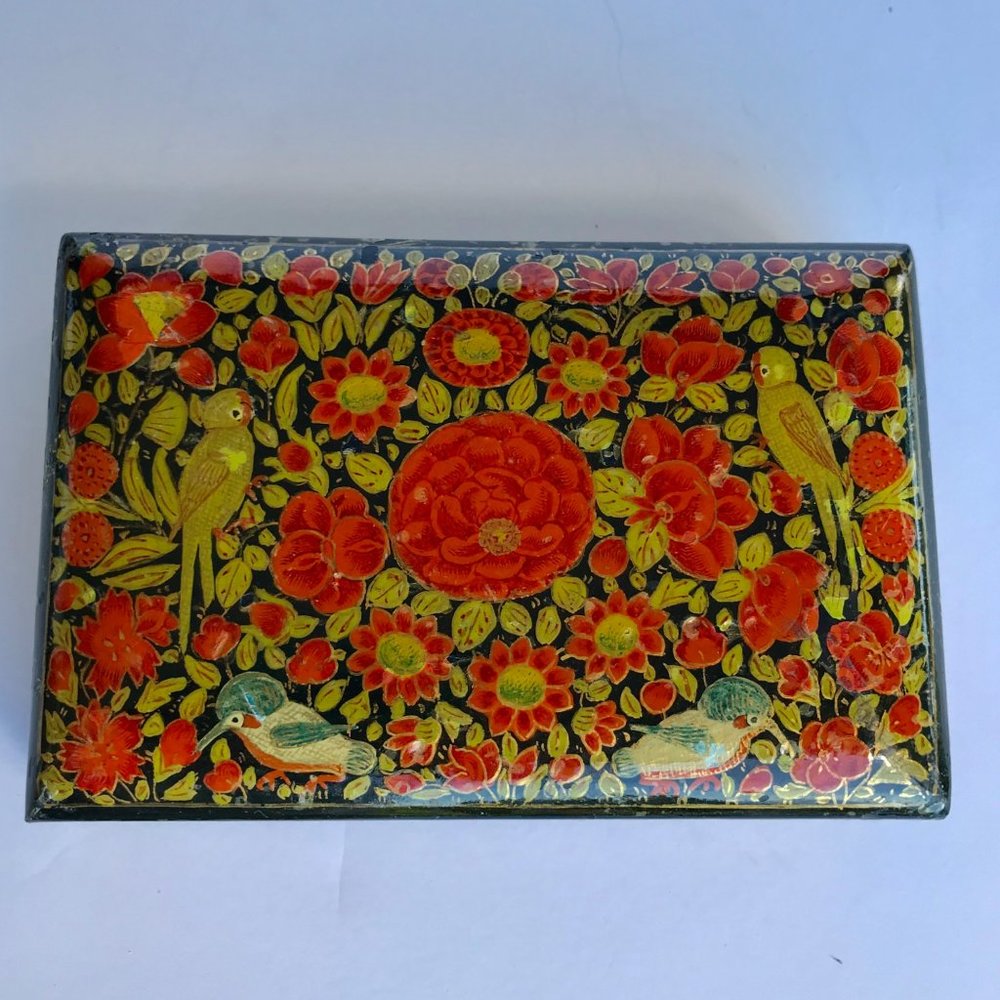 Vintage Russian Lacquer Wood Trinket Box Birds Flowers